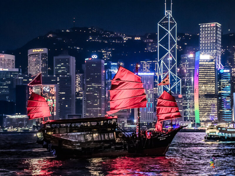 Hong Kong Victoria Harbor Junk Boat Red Sailboat